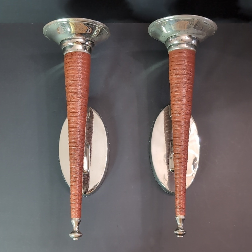 Bombay set of 2 Leather Wrapped/Metal Candle Sconces.
